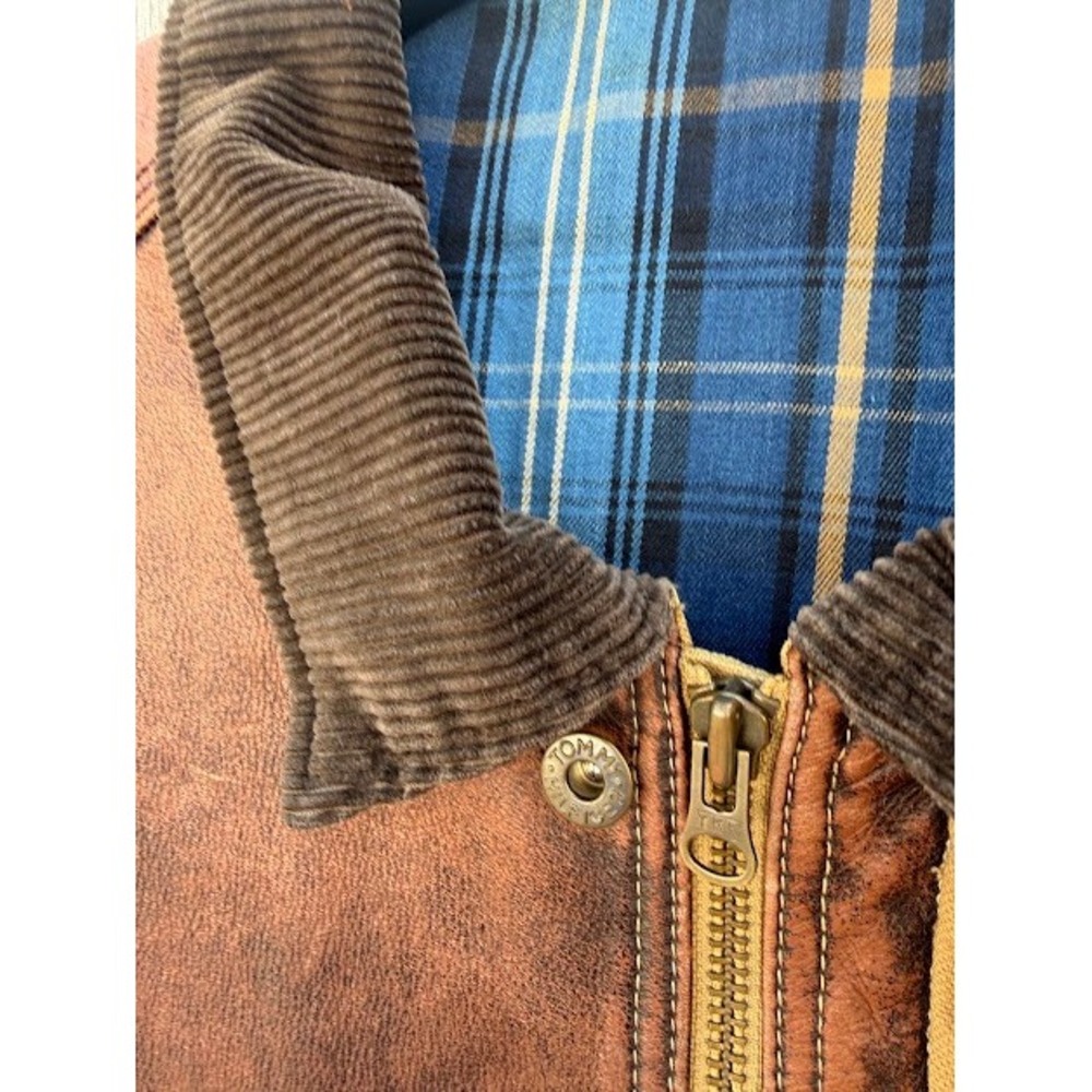 Vintage Tommy Hilfiger Canvas Barn Chore Jacket Tan Leather Yoke Corduroy Plaid - Picture 14 of 16